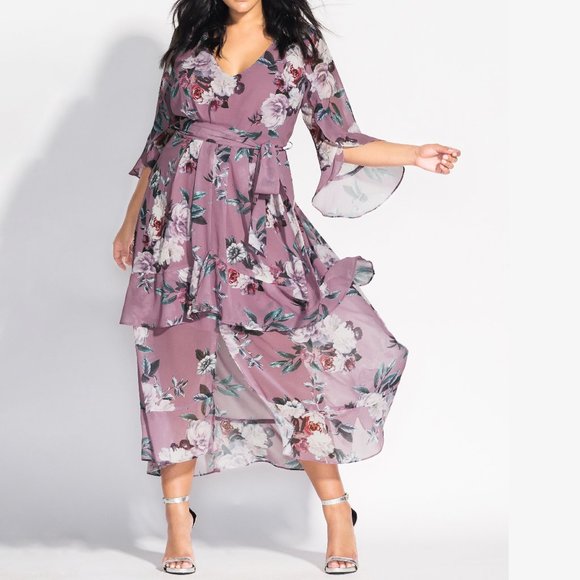 City Chic Dresses & Skirts - City Chic V-Neck Rose Layered Tie Waist Maxi Dress